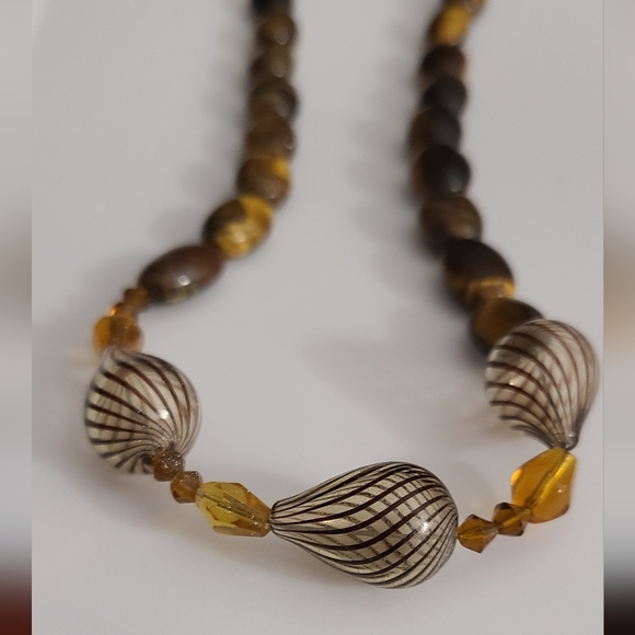 Vintage 80's Murano Glass Stripe & Tigers Eye Gemstones Czech Amber Necklace Vtg - Picture 13 of 16